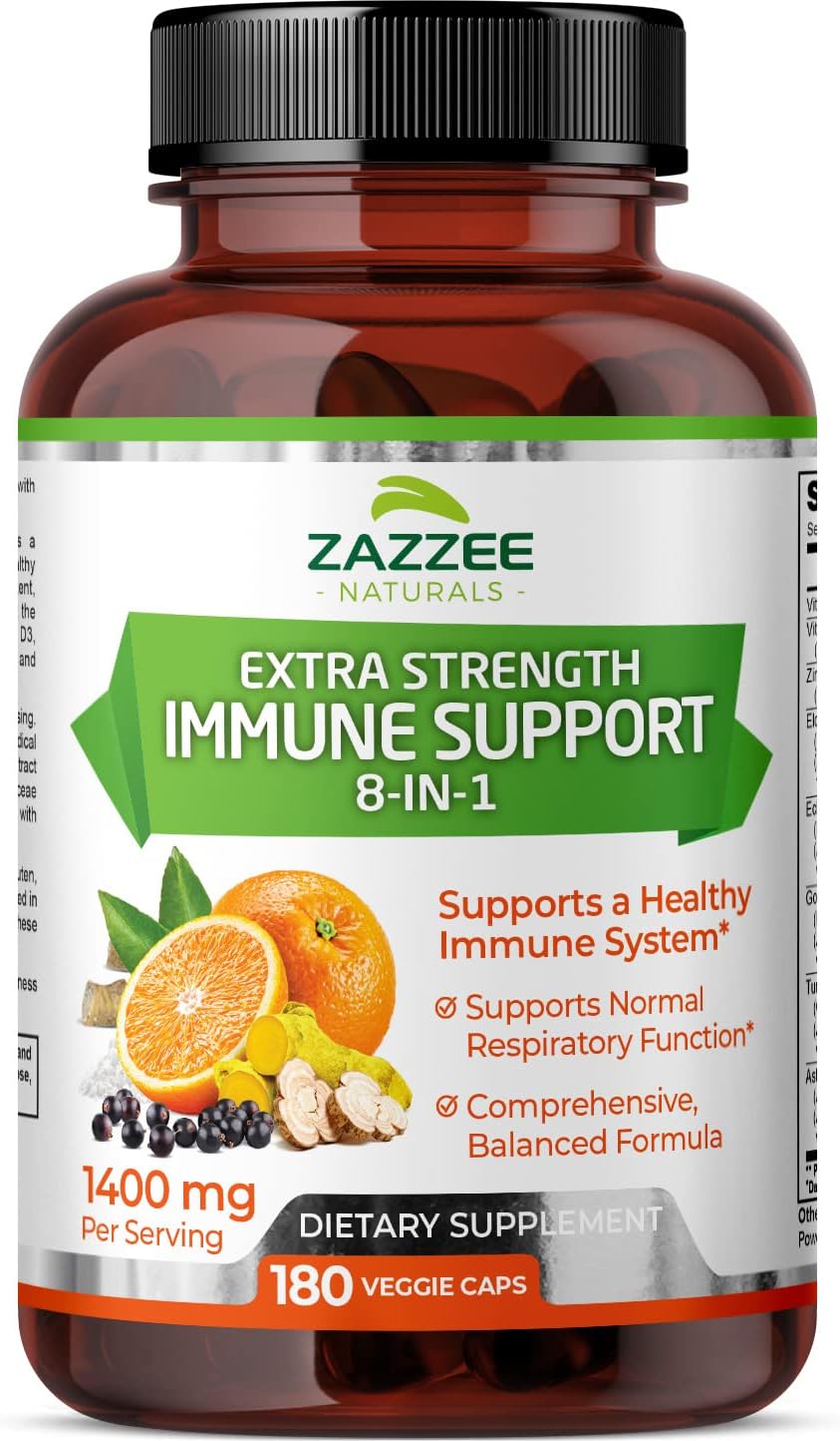 8-in-1 Immune Support Supplement - 180 Capsules, 1400mg/Capsule - Vitamin C, D3, Zinc, Elderberry, Echinacea, Goldenseal, Turmeric, Astragalus - Vegan, Made in USA