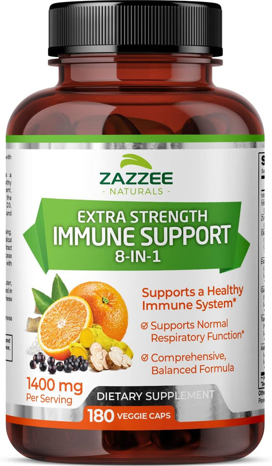 8-in-1 Immune Support Supplement - 180 Capsules, 1400mg/Capsule - Vitamin C, D3, Zinc, Elderberry, Echinacea, Goldenseal, Turmeric, Astragalus - Vegan, Made in USA