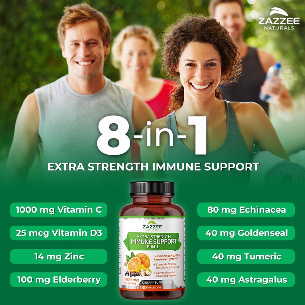 8-in-1 Immune Support Supplement - 180 Capsules, 1400mg/Capsule - Vitamin C, D3, Zinc, Elderberry, Echinacea, Goldenseal, Turmeric, Astragalus - Vegan, Made in USA