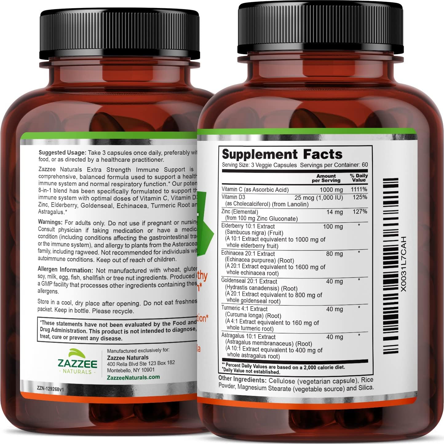 8-in-1 Immune Support Supplement - 180 Capsules, 1400mg/Capsule - Vitamin C, D3, Zinc, Elderberry, Echinacea, Goldenseal, Turmeric, Astragalus - Vegan, Made in USA