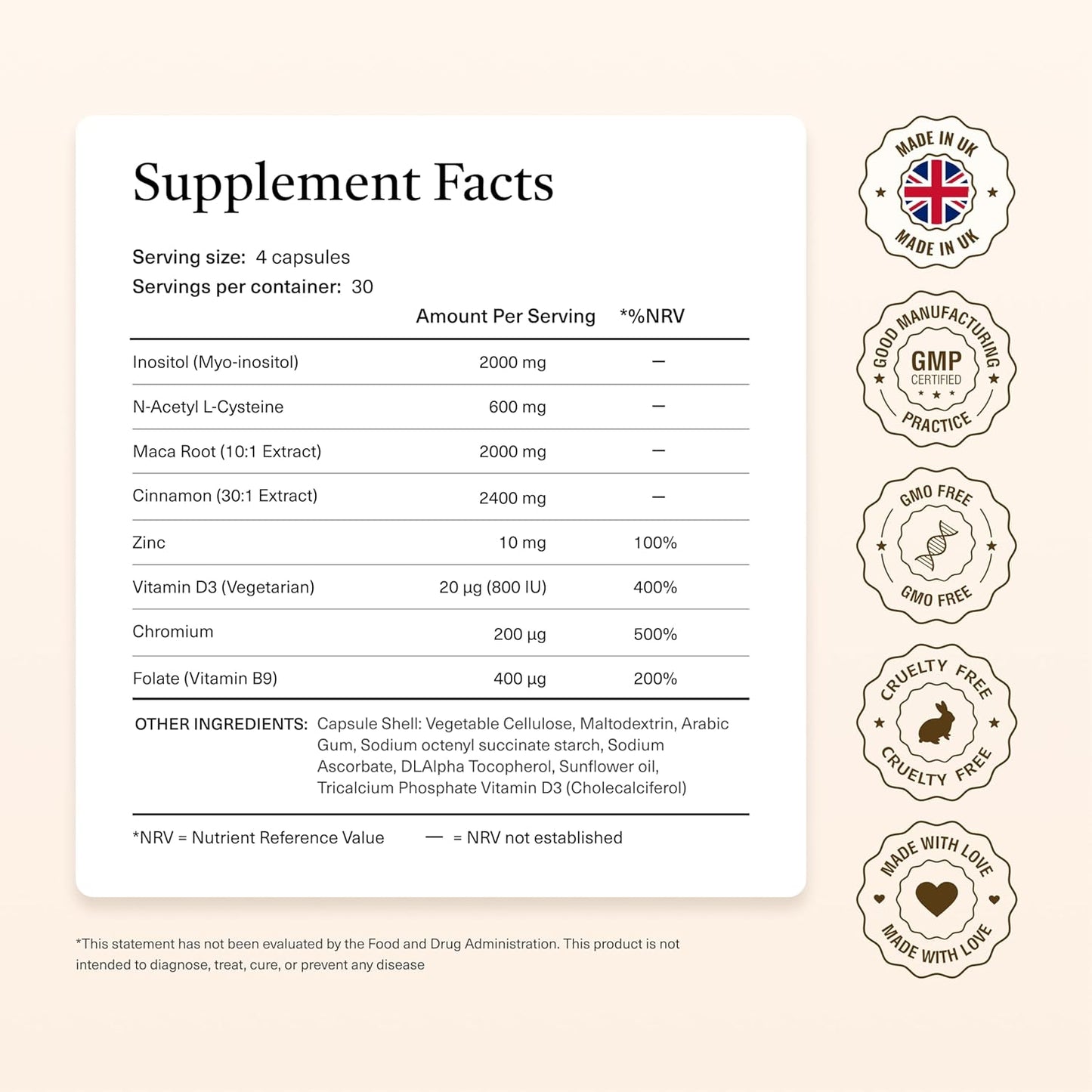 8-in-1 PCOS Supplement with Myo-Inositol, NAC, Maca Root, Cinnamon, Chromium, Folate, Zinc, Vitamin D3 - Promotes Ovarian Health, Hormone Balance, and Cycle Regularity - 30-Day Supply