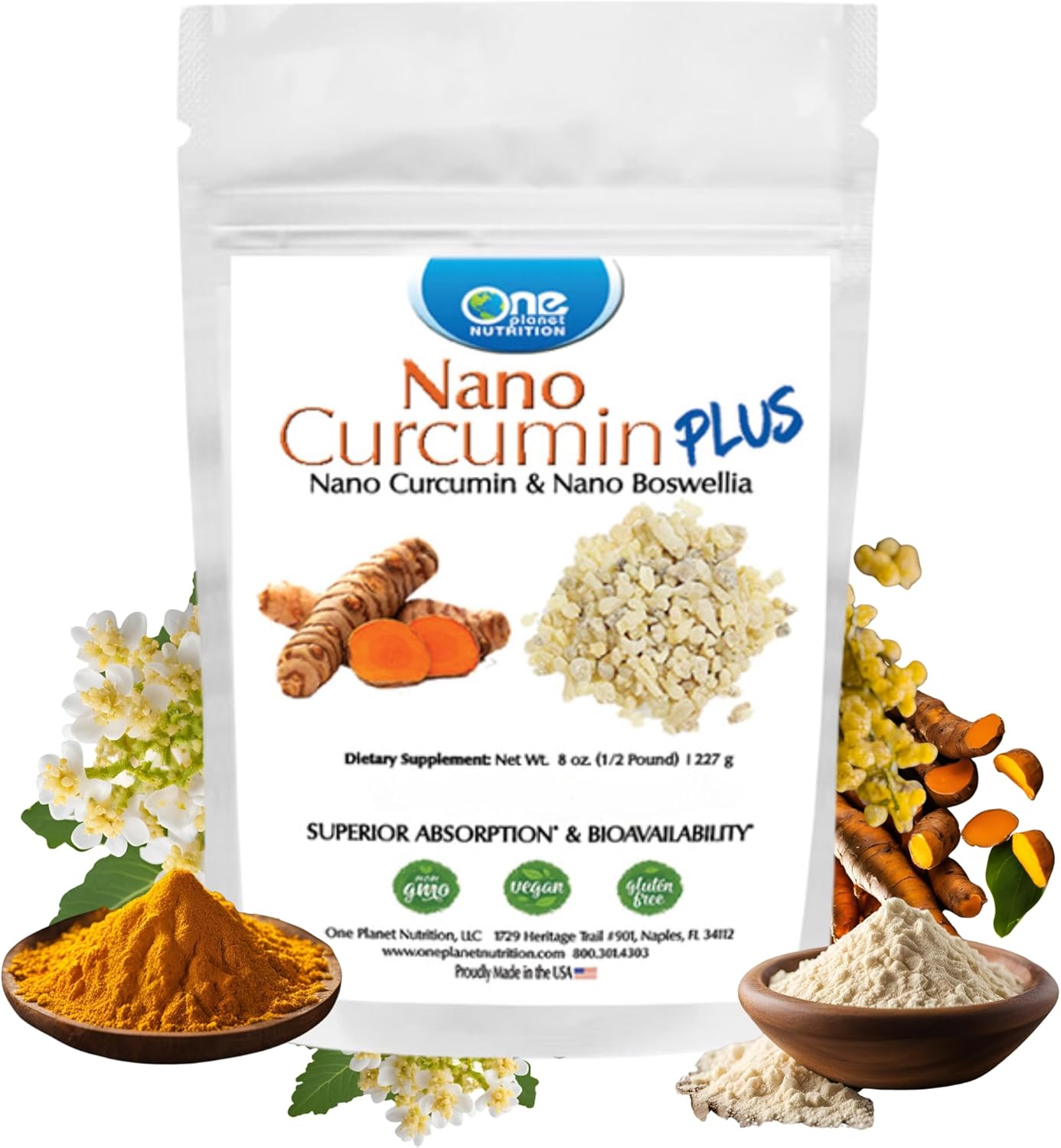 8 oz Nano Curcumin Plus Powder with Boswellia for Joint & Immune Health - 227 Servings, Non-GMO, Vegan, Gluten-Free