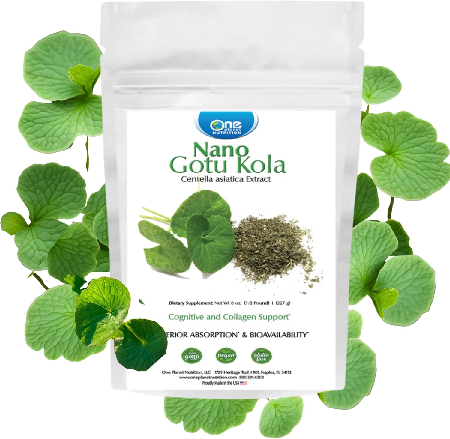 8 oz One Planet Nutrition Nano Gotu Kola Powder - 227 Servings, Enhanced Absorption, Brain Function & Collagen Synthesis Support, Non-GMO, Vegan, Gluten-Free