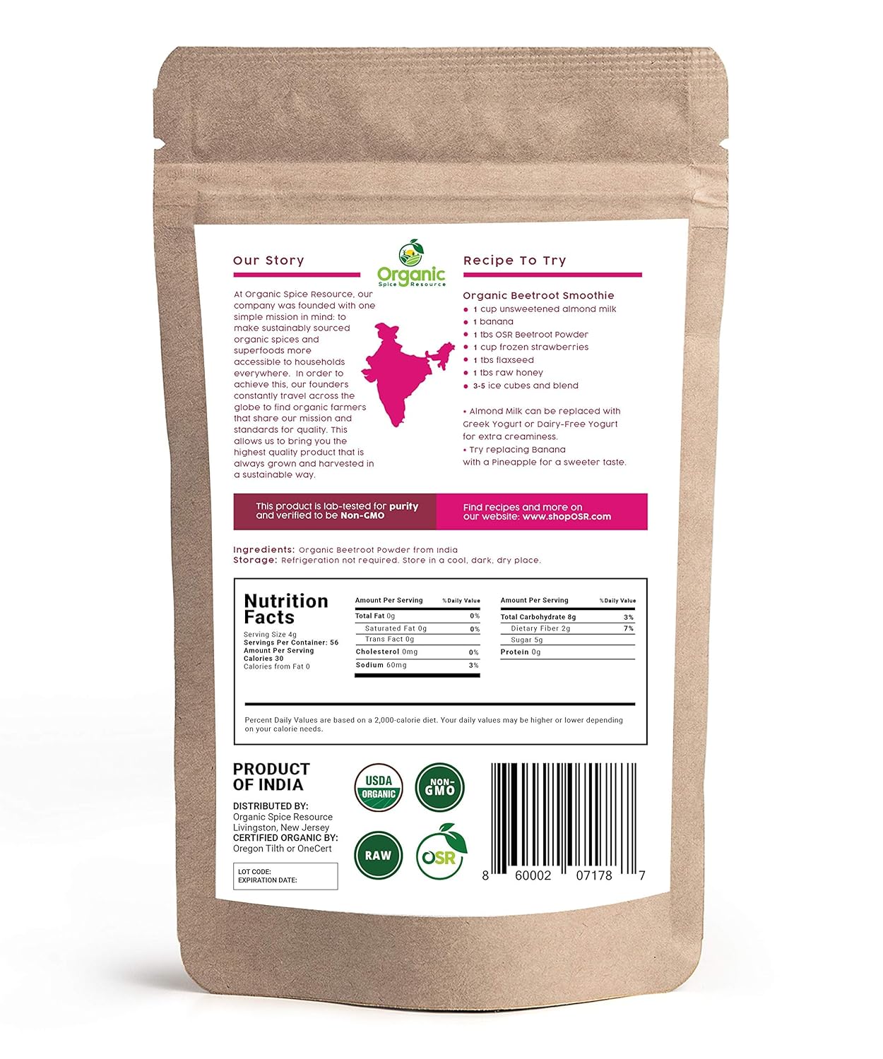 8 oz Organic Beet Root Powder - USDA Certified, Vegan, Non GMO - Nitric Oxide Booster for Stamina & Circulation - Raw from India by SHOPOSR