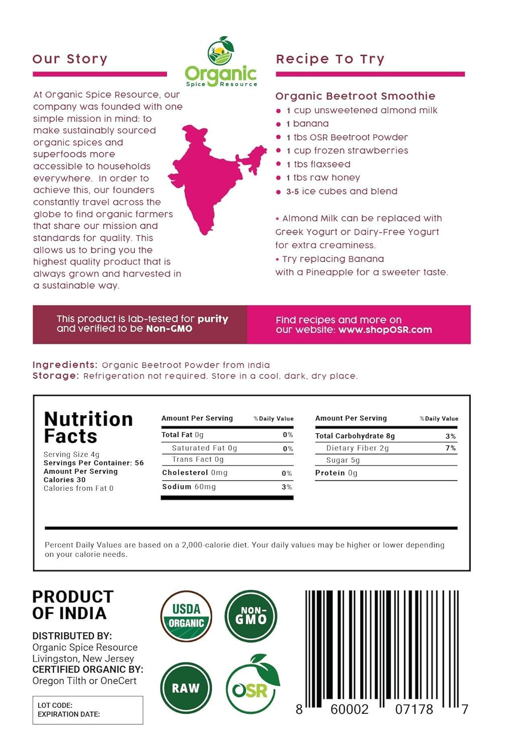 8 oz Organic Beet Root Powder - USDA Certified, Vegan, Non GMO - Nitric Oxide Booster for Stamina & Circulation - Raw from India by SHOPOSR