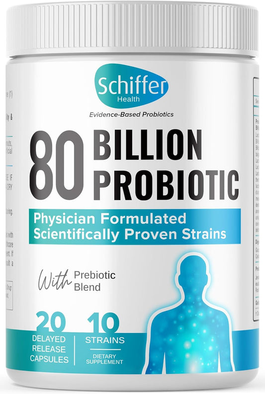80 Billion Probiotics with 10 Strains in 20 Delayed Release Capsules for Gut Health by Schiffer Health