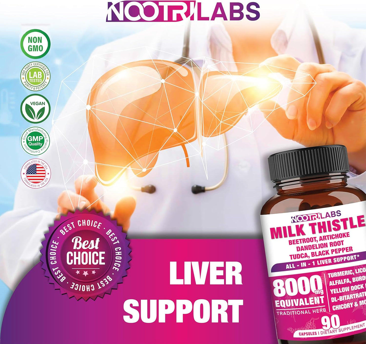 8000mg All-in-1 Liver Support Capsules with Milk Thistle, NAC, BeetRoot, Dandelion Root, Antioxidants, TUDCA, Choline, & Ginger - 90 Vegan Capsules