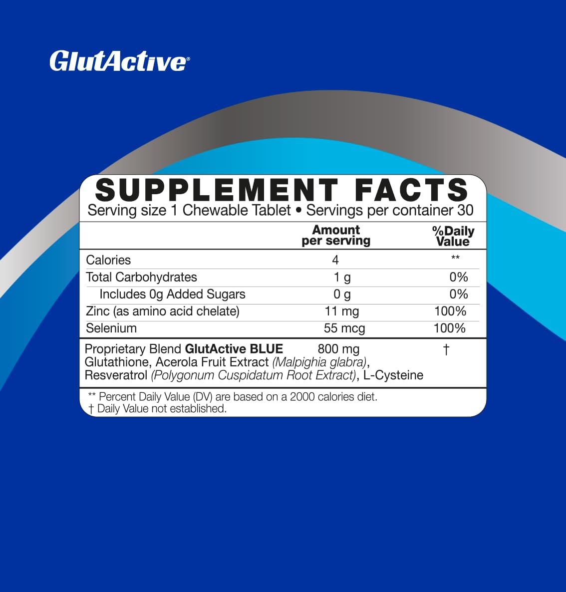 800mg GlutActive Blue Chewable Tablets - Antioxidant with Glutathione, Cysteine, Selenium, Zinc, Resveratrol, and Acerola for Immunity, Energy, Detox, and Anti-Aging (60ct)