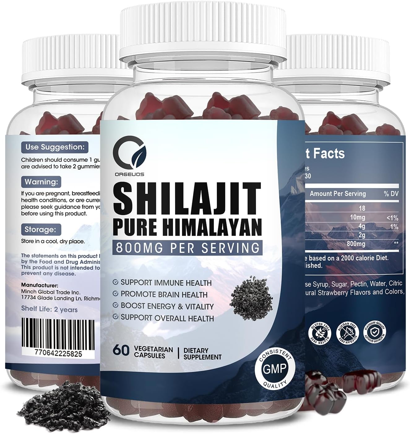 800mg Pure Himalayan Organic Shilajit Gummies - 85+ Trace Minerals, Fulvic Acid, Phytonutrients - Energy, Immune Support - 60 Gummies