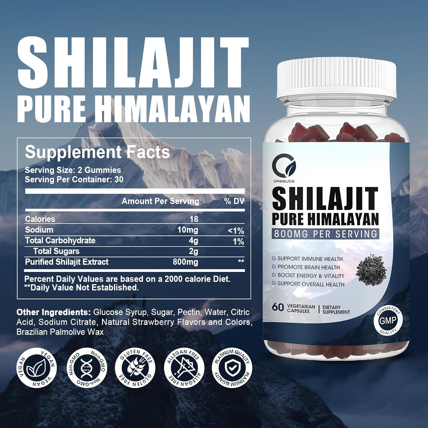 800mg Pure Himalayan Organic Shilajit Gummies - 85+ Trace Minerals, Fulvic Acid, Phytonutrients - Energy, Immune Support - 60 Gummies
