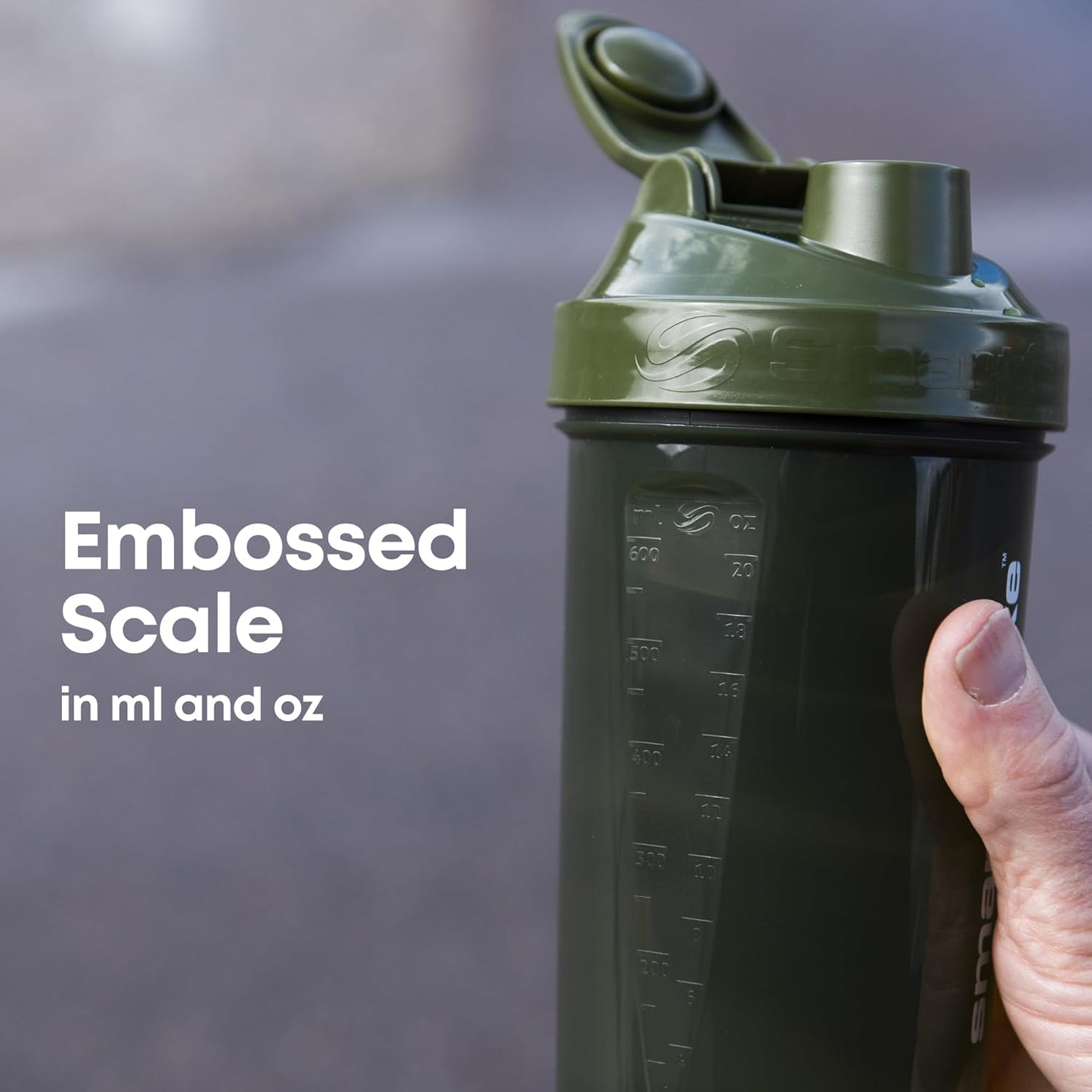 800ml Smartshake O2GO ONE Plastic Protein Shaker Bottle - Leakproof Screw-on Lid - BPA Free - Mist Gray