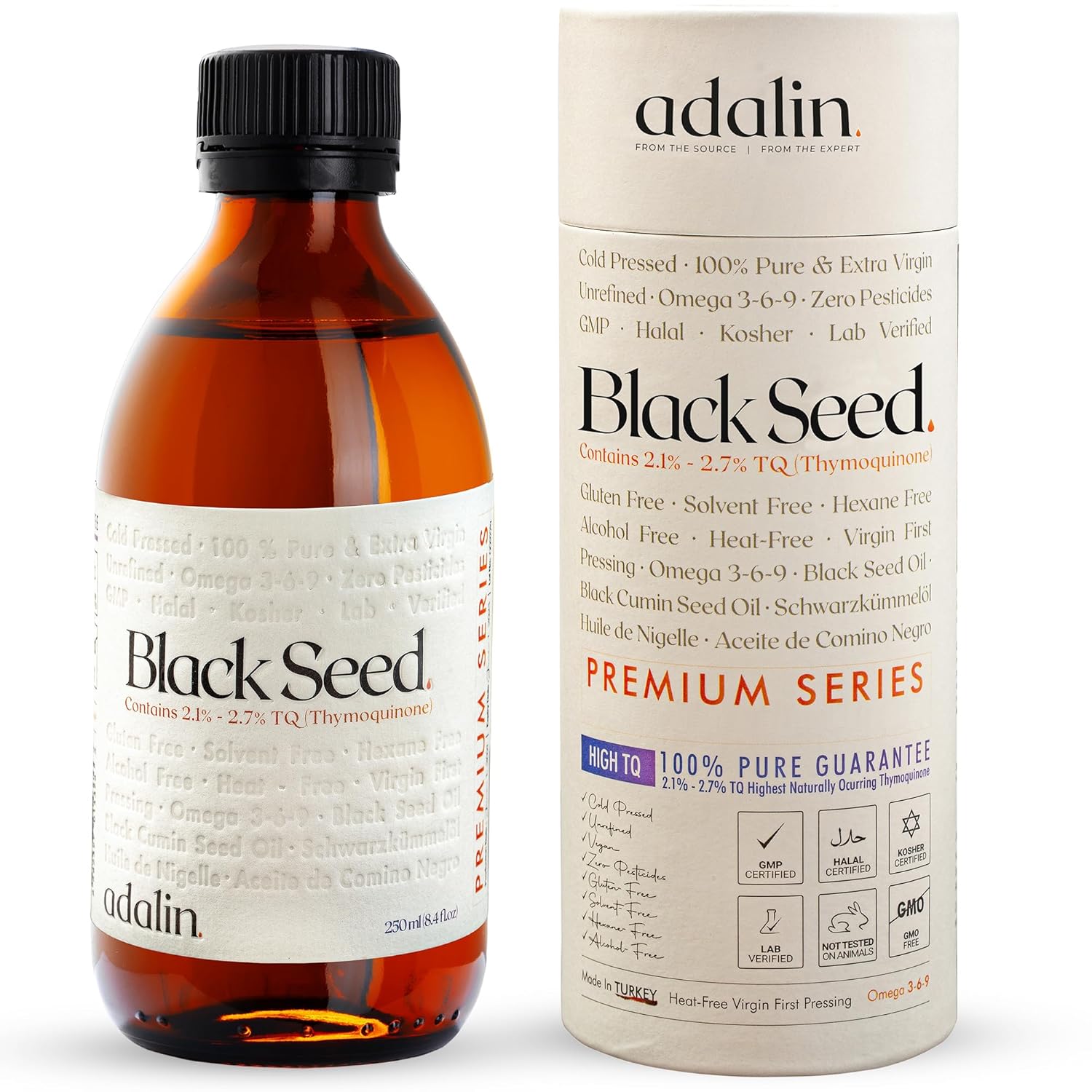 8.4 fl oz ADALIN Black Seed Oil Liquid - High Thymoquinone, Cold Pressed, Glass Bottle - Vegan, Gluten Free Nigella Sativa Seed Oil