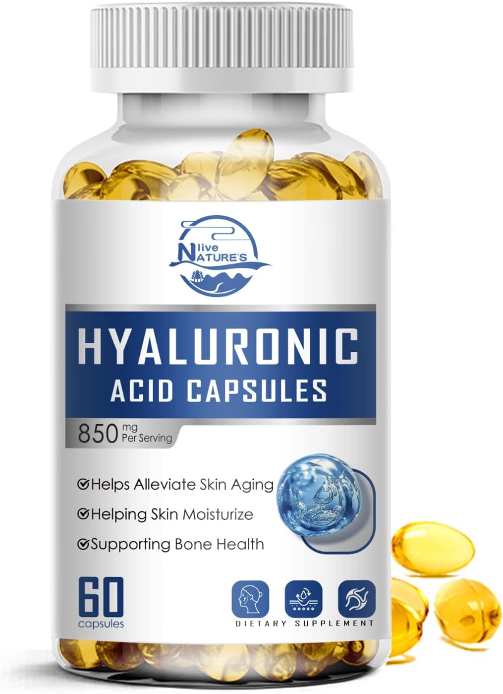 850mg High Bioavailability Hyaluronic Acid Capsules for Skin, Joints, Hair & Nails - 60 Capsules