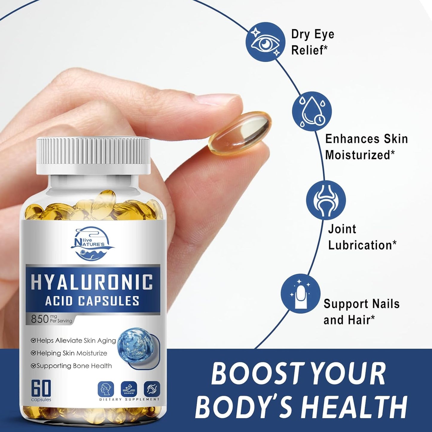 850mg High Bioavailability Hyaluronic Acid Capsules for Skin, Joints, Hair & Nails - 60 Capsules
