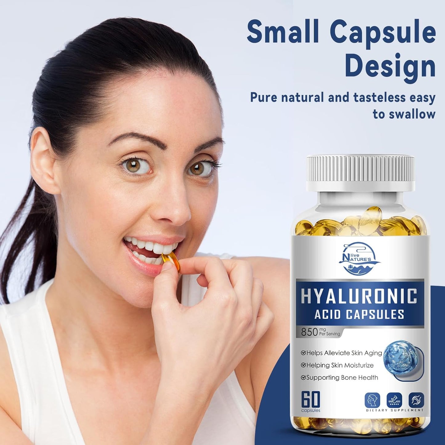 850mg High Bioavailability Hyaluronic Acid Capsules for Skin, Joints, Hair & Nails - 60 Capsules