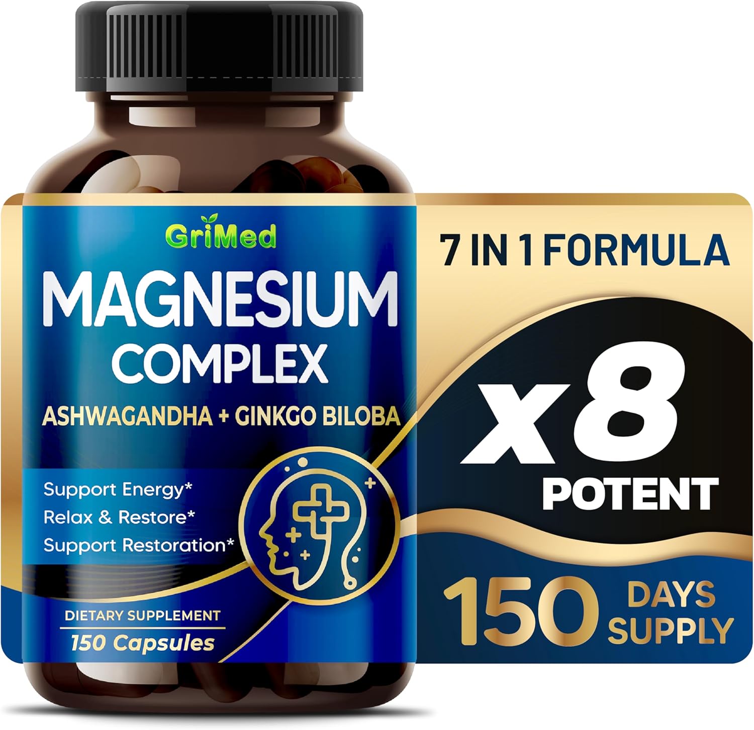 8,600mg Magnesium Complex with Ashwagandha & Ginkgo Biloba for Relaxation & Restful Sleep - Made in USA, 150 Count