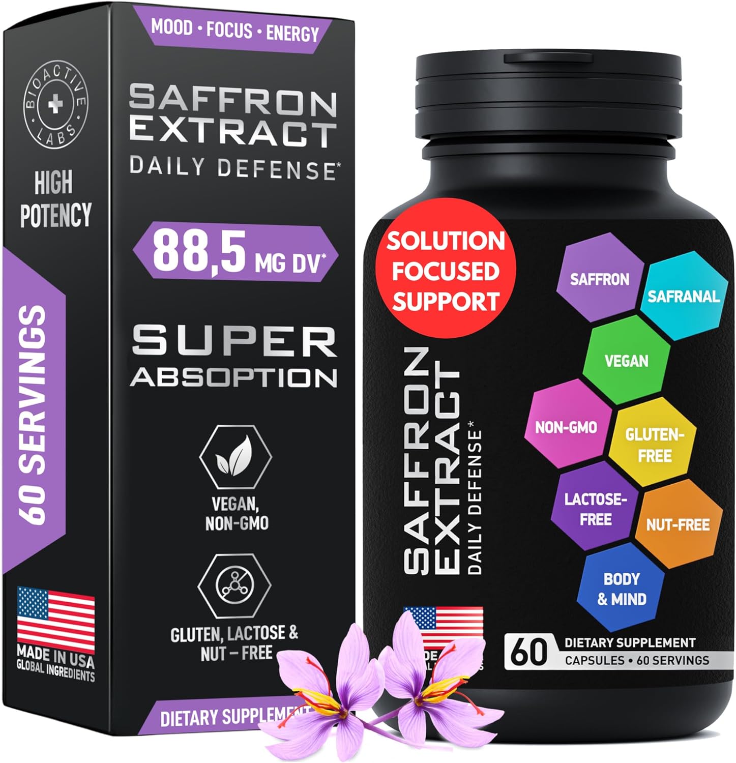 88.5mg Pure Saffron Extract Mood Support Supplement with Crocin, Crocetin, Kaempferol - Gluten-Free, Non-GMO - 1-a-Day 60 Capsules by BIOACTIVE LABS