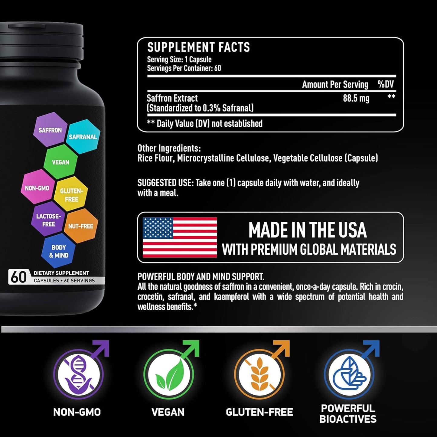 88.5mg Pure Saffron Extract Mood Support Supplement with Crocin, Crocetin, Kaempferol - Gluten-Free, Non-GMO - 1-a-Day 60 Capsules by BIOACTIVE LABS
