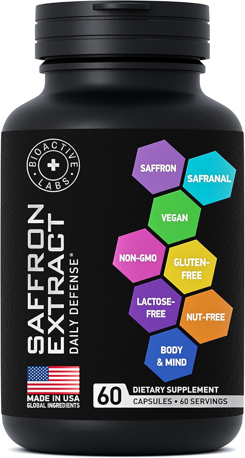 88.5mg Pure Saffron Extract Mood Support Supplement with Crocin, Crocetin, Kaempferol - Gluten-Free, Non-GMO - 1-a-Day 60 Capsules by BIOACTIVE LABS