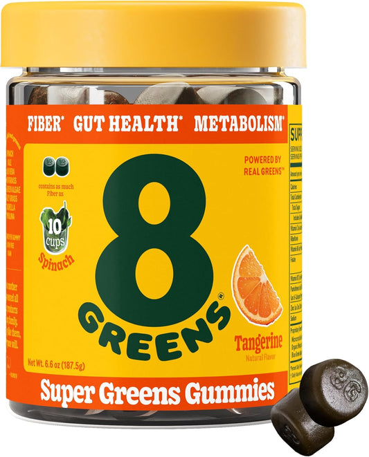 8Greens Fiber Super Greens Gummies - Boost Immune System & Digestive Health with Real Greens - Tangerine Flavor - 50 Count