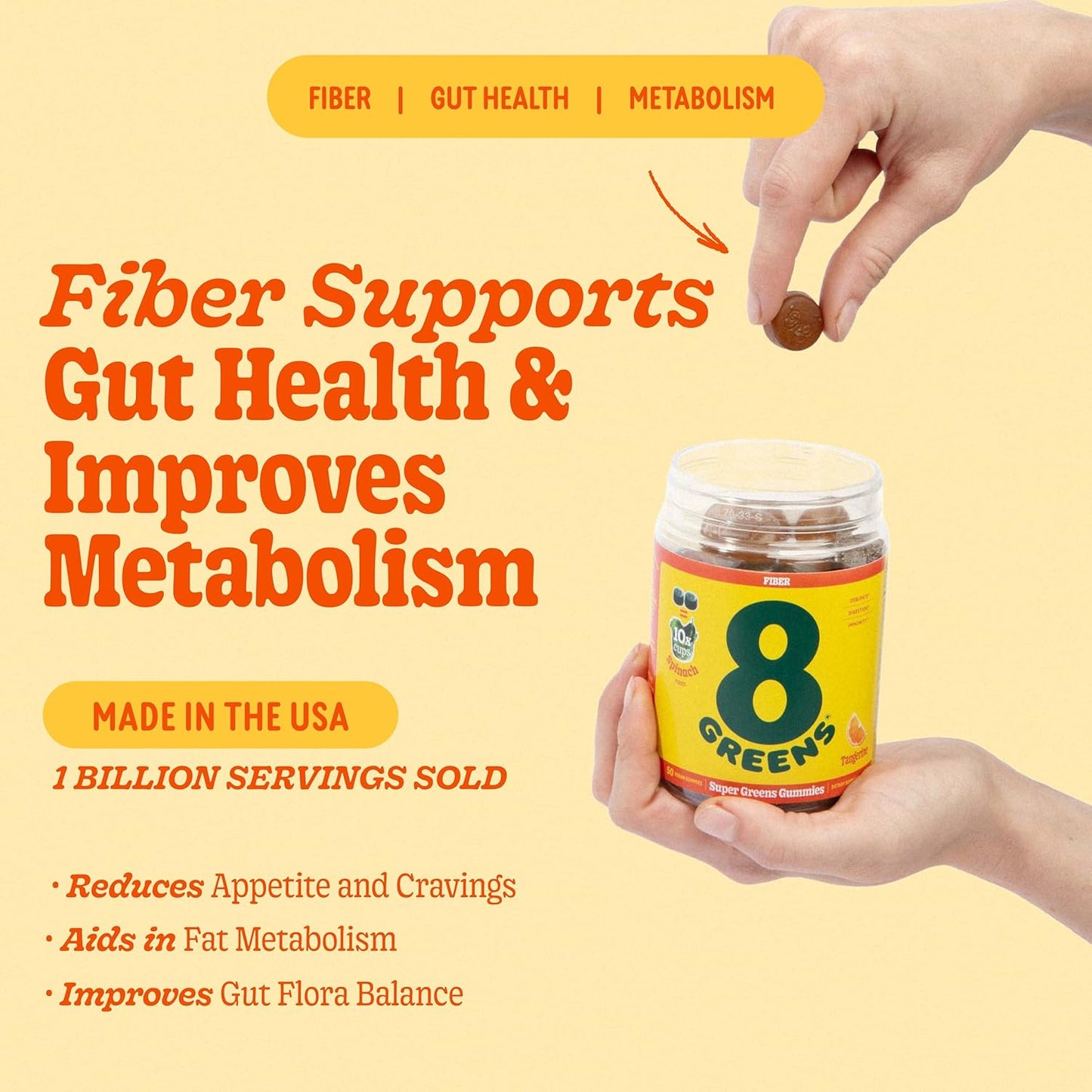 8Greens Fiber Super Greens Gummies - Boost Immune System & Digestive Health with Real Greens - Tangerine Flavor - 50 Count