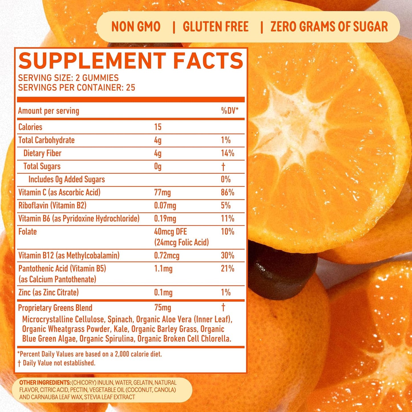 8Greens Fiber Super Greens Gummies - Boost Immune System & Digestive Health with Real Greens - Tangerine Flavor - 50 Count