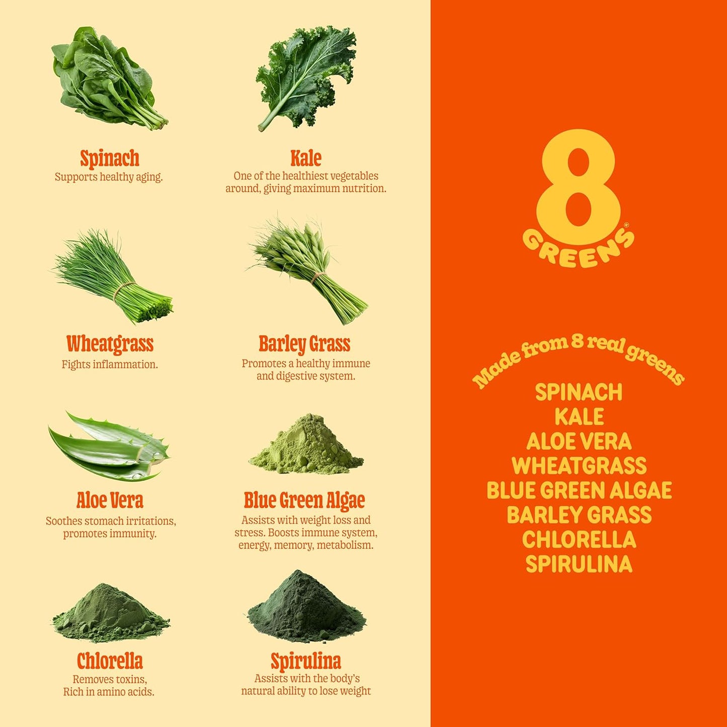 8Greens Fiber Super Greens Gummies - Boost Immune System & Digestive Health with Real Greens - Tangerine Flavor - 50 Count