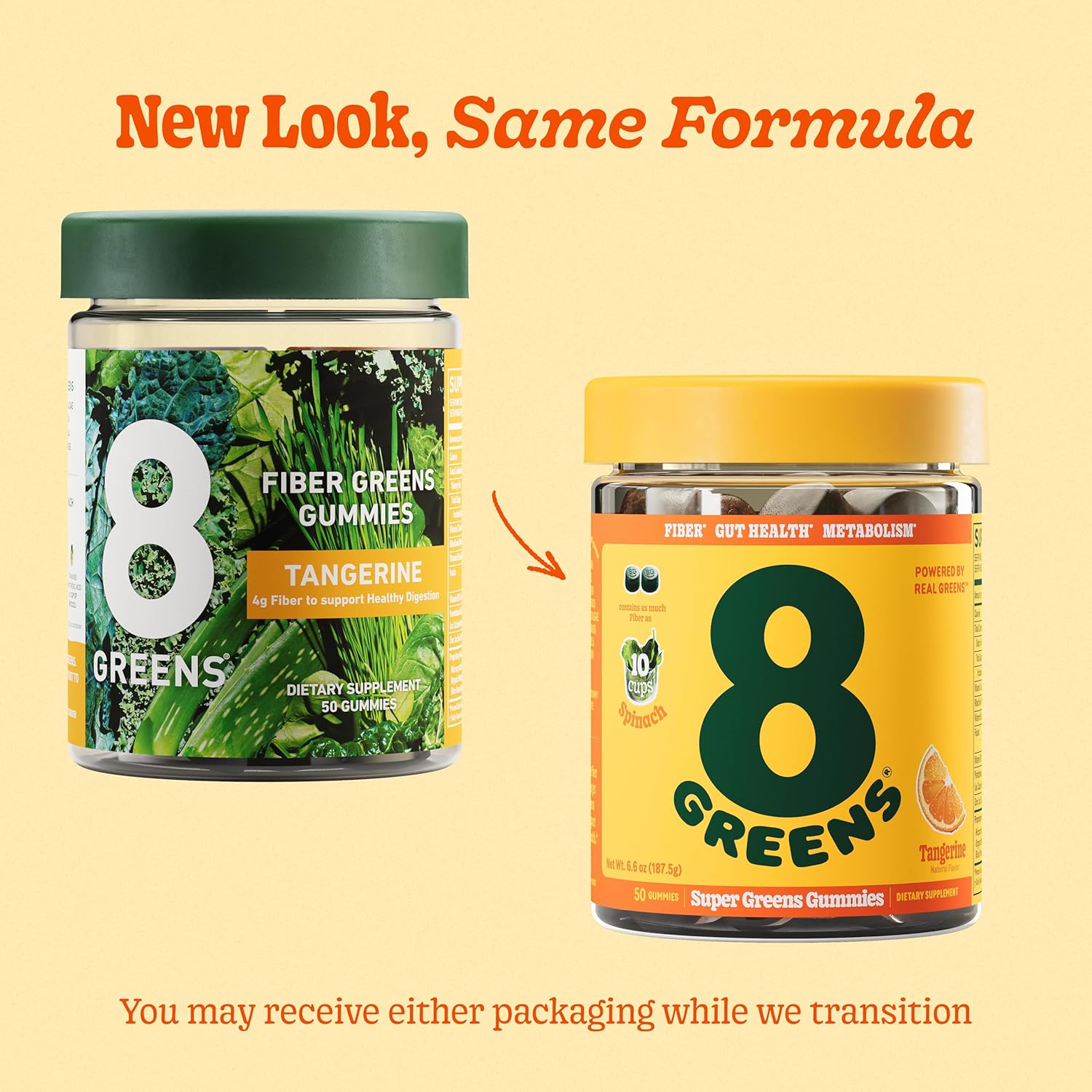 8Greens Fiber Super Greens Gummies - Boost Immune System & Digestive Health with Real Greens - Tangerine Flavor - 50 Count