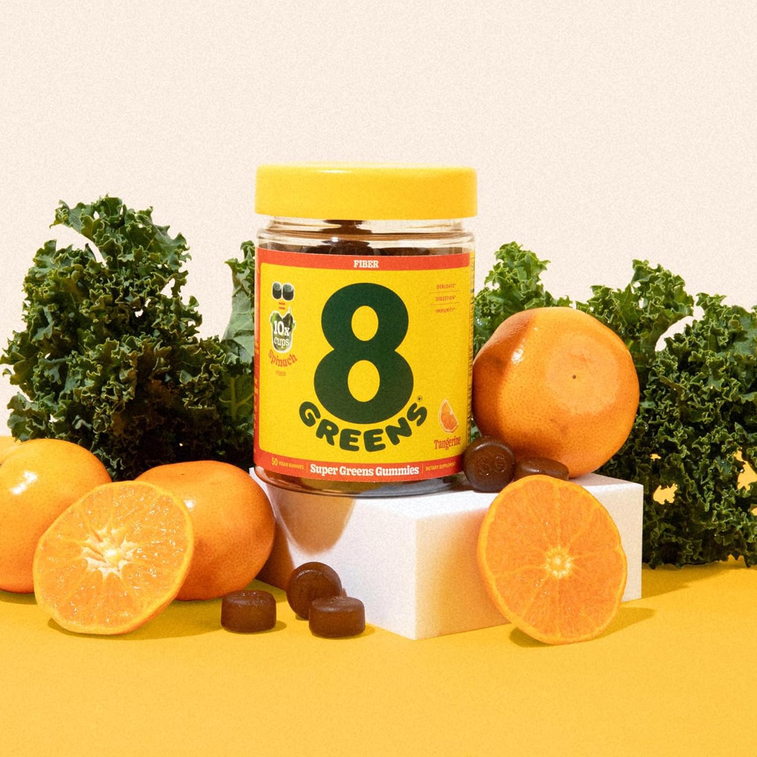 8Greens Fiber Super Greens Gummies - Boost Immune System & Digestive Health with Real Greens - Tangerine Flavor - 50 Count