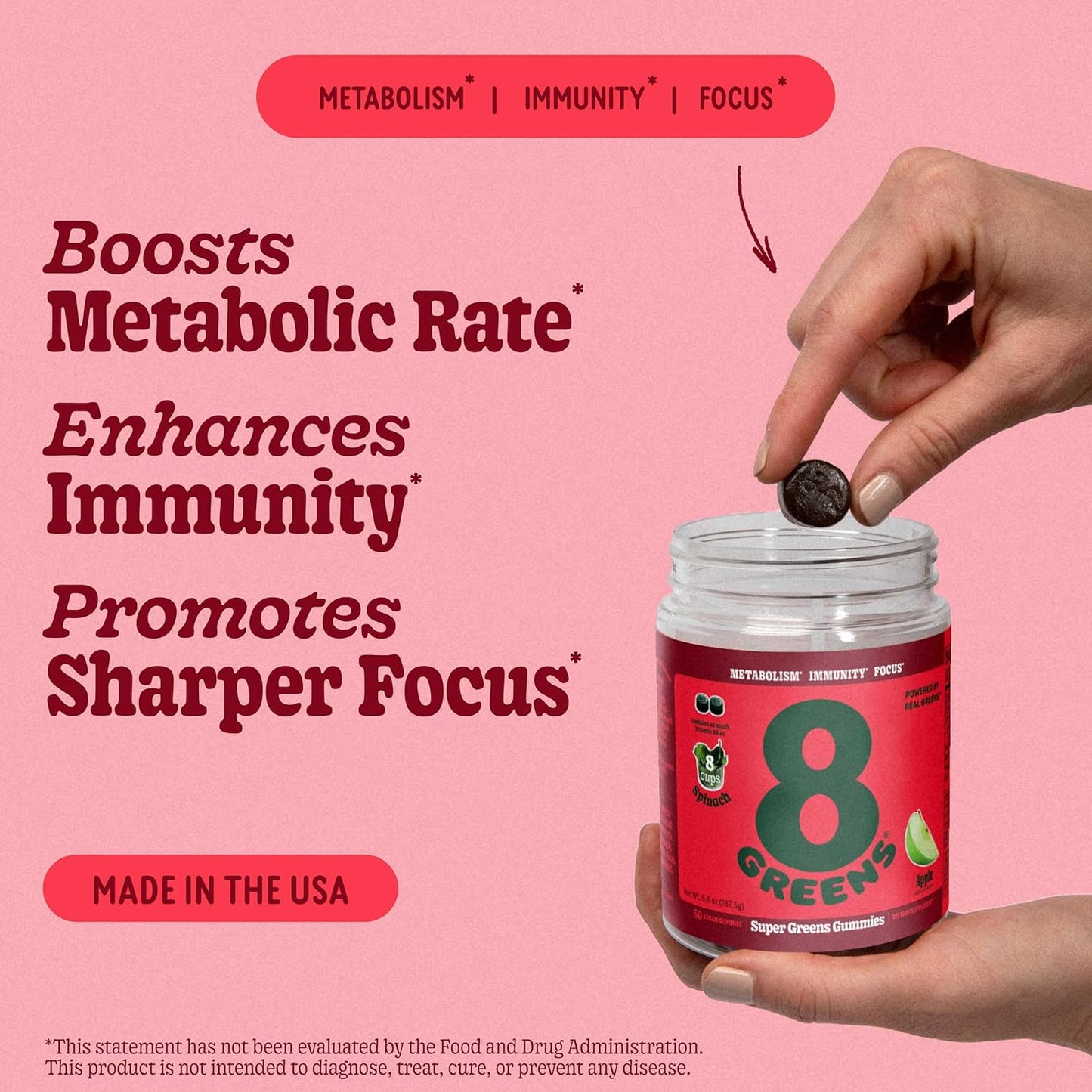 8Greens Super Greens Gummies | Organic Superfood Gummy for Metabolism, Immunity & Focus | Digestive Health Enzymes | Chlorella, Spirulina, Aloe Vera | Apple Flavor | 200 Count