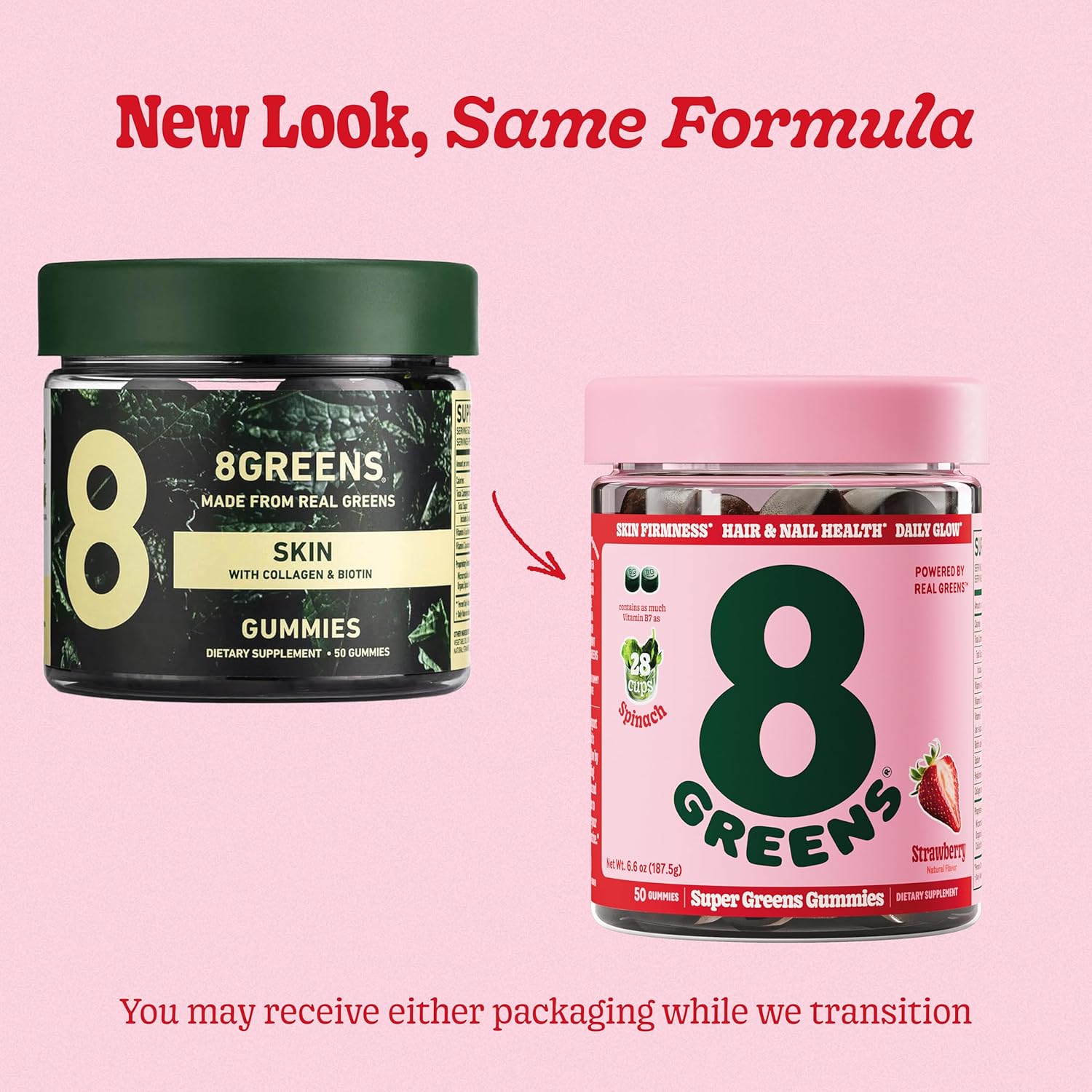 8Greens Superfood Beauty Gummies with Collagen & Biotin - Strawberry Flavored, 200 Count