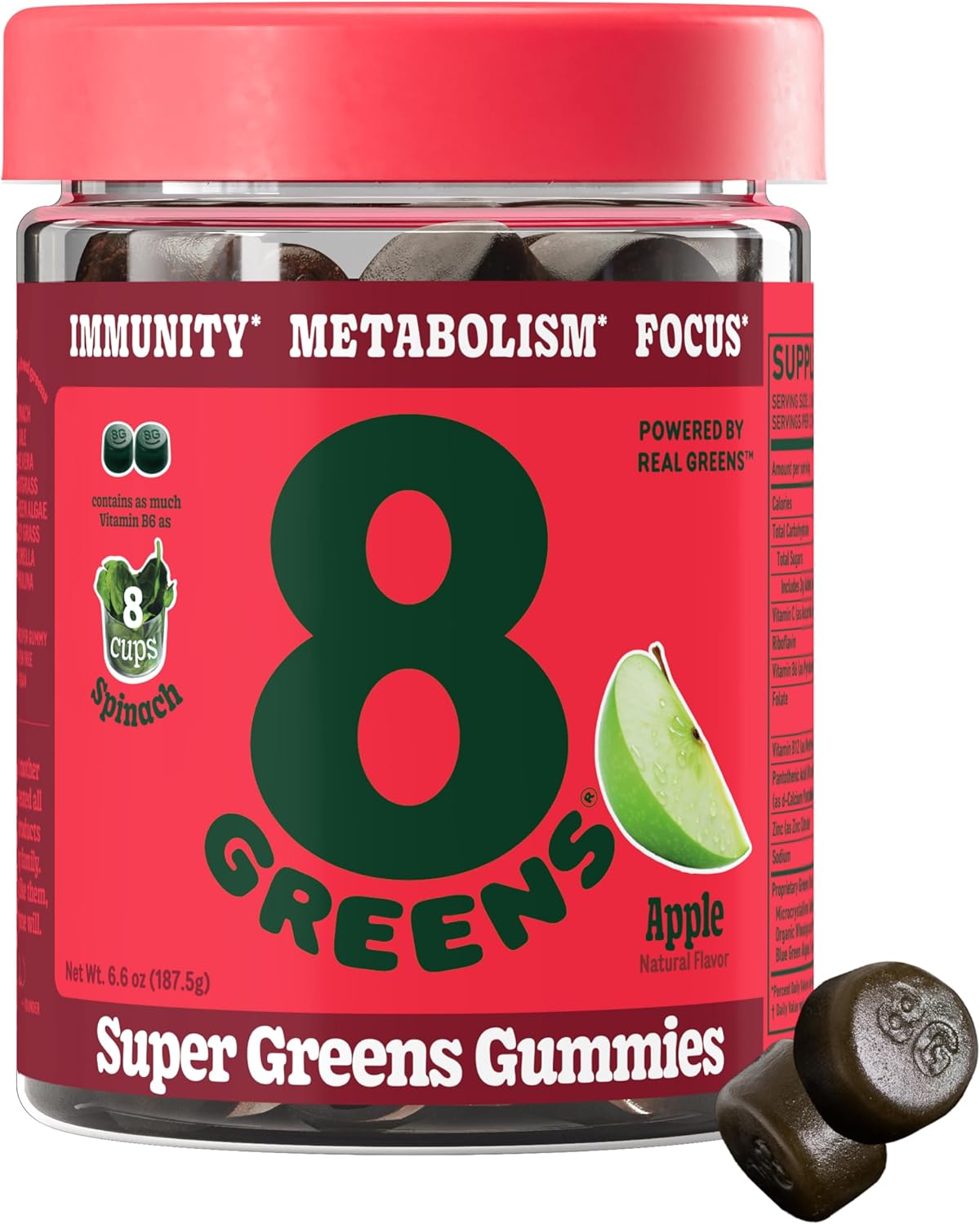 8Greens Supergreens Gummies | Organic Superfood Gummy with Digestive Health Enzymes for Metabolism, Immunity, Focus | Chlorella, Spirulina, Aloe Vera | Apple Flavor | 50 Count