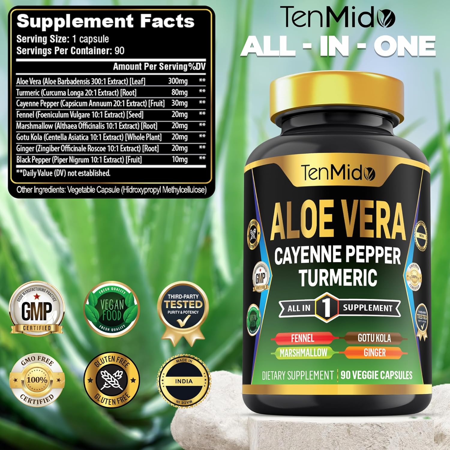 8in1 Aloe Vera Capsules Supplement with Turmeric, Cayenne Pepper, and More - 90 Capsules, 3 Months Supply