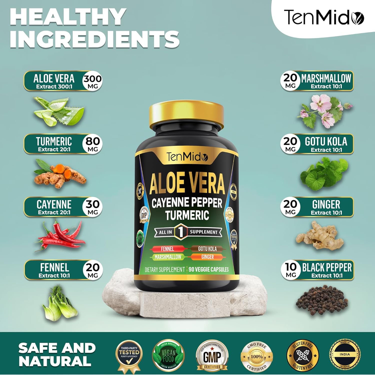 8in1 Aloe Vera Capsules Supplement with Turmeric, Cayenne Pepper, and More - 90 Capsules, 3 Months Supply