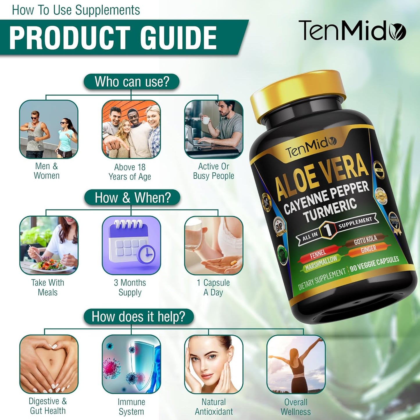 8in1 Aloe Vera Capsules Supplement with Turmeric, Cayenne Pepper, and More - 90 Capsules, 3 Months Supply