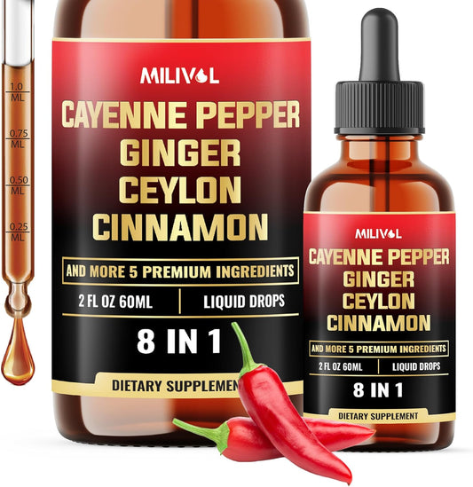 8in1 Cayenne Pepper Liquid Drops with Ginger, Ceylon Cinnamon - Digestion & Circulatory Health Support - 2oz, 60 Servings