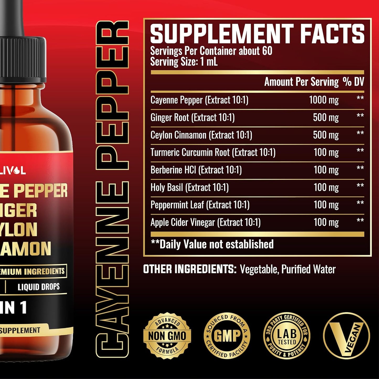 8in1 Cayenne Pepper Liquid Drops with Ginger, Ceylon Cinnamon - Digestion & Circulatory Health Support - 2oz, 60 Servings
