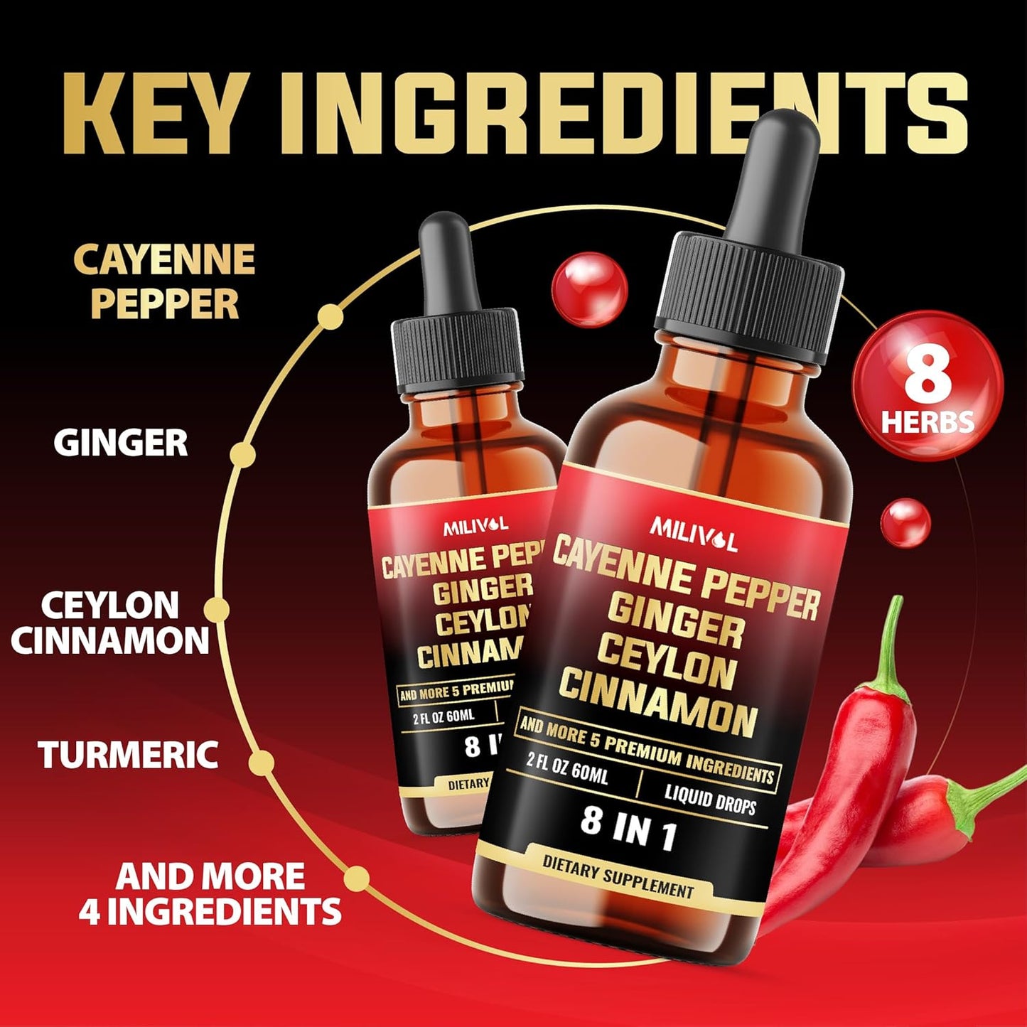8in1 Cayenne Pepper Liquid Drops with Ginger, Ceylon Cinnamon - Digestion & Circulatory Health Support - 2oz, 60 Servings