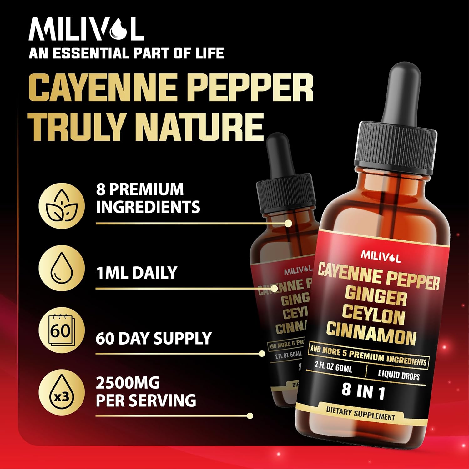 8in1 Cayenne Pepper Liquid Drops with Ginger, Ceylon Cinnamon - Digestion & Circulatory Health Support - 2oz, 60 Servings