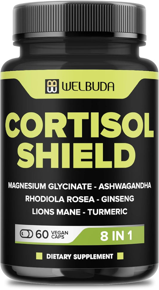 8in1 Cortisol Shield with Ashwagandha, Magnesium, Rhodiola Rosea, Lions Mane, Ginseng, and More - Support for Relaxation, Restful Nights, and Mood Balance - 60 Capsules