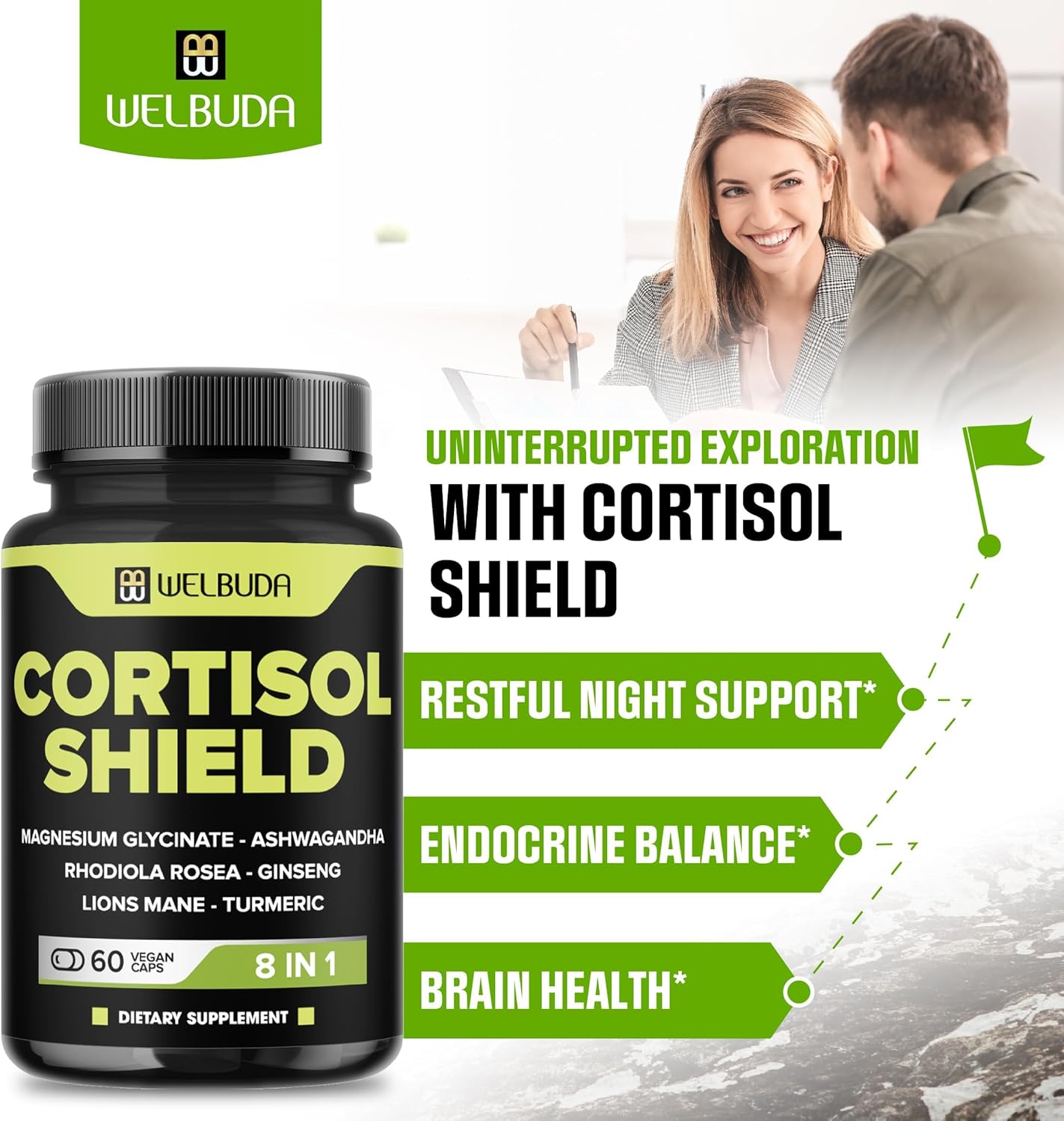 8in1 Cortisol Shield with Ashwagandha, Magnesium, Rhodiola Rosea, Lions Mane, Ginseng, and More - Support for Relaxation, Restful Nights, and Mood Balance - 60 Capsules