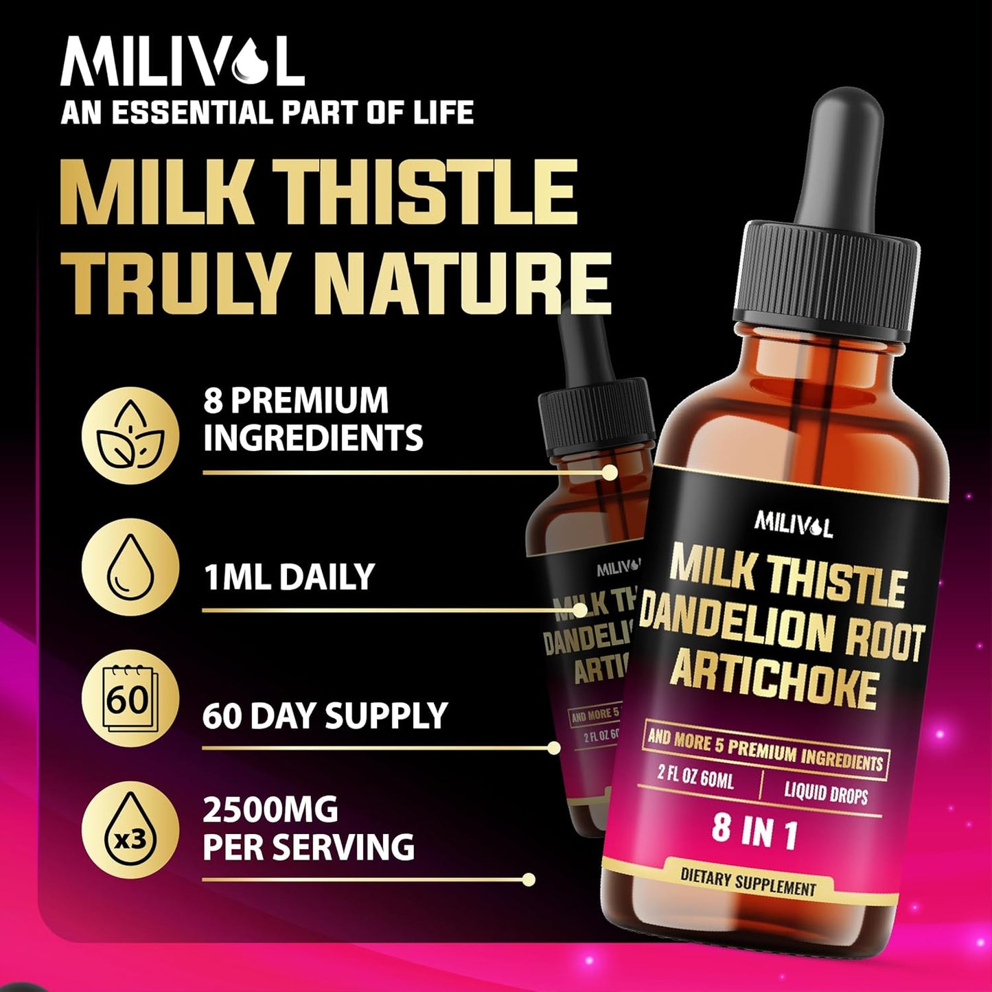 8in1 Milk Thistle Liquid Drops with Dandelion Root, Artichoke Leaf & 5 Herbals - 60 Day Supply - 2 Fl Oz