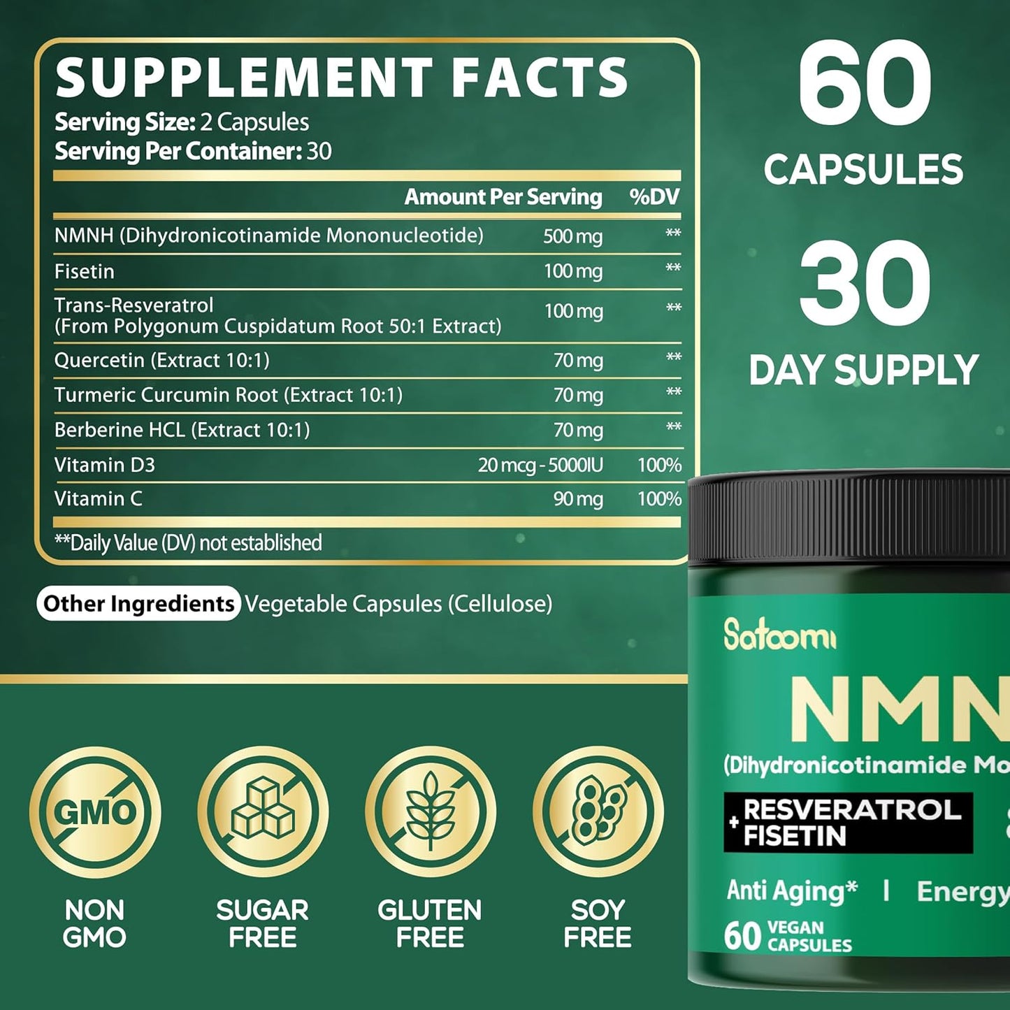 8in1 NMNH Supplement with NMN, NAD, Fisetin, Resveratrol, Quercetin, Turmeric, Berberine, Vitamin D3 - 60 Count