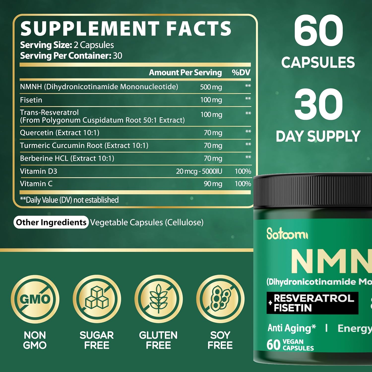 8in1 NMNH Supplement with NMN, NAD, Fisetin, Resveratrol, Quercetin, Turmeric, Berberine, Vitamin D3 - 60 Count