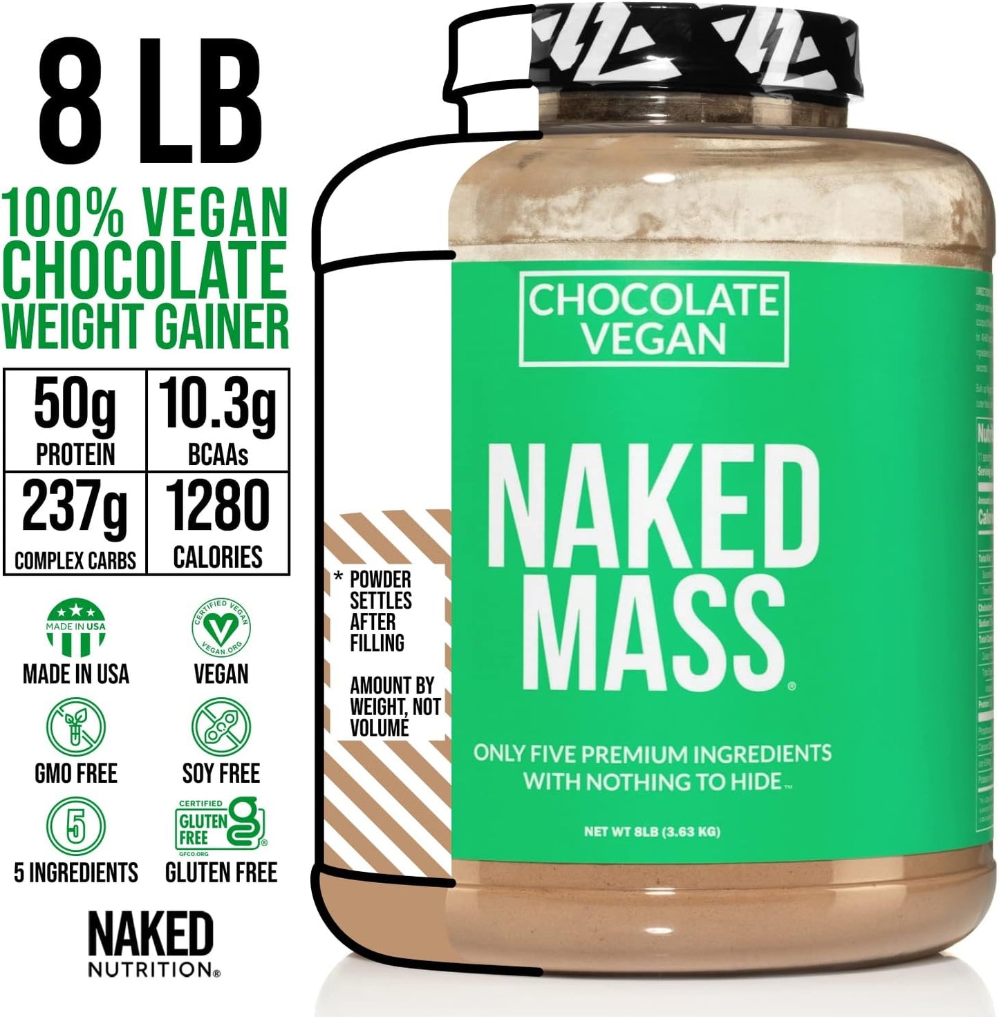 8LB Chocolate Vegan Mass and Creatine Bundle by Naked Nutrition - Soy-Free Protein Powder for Muscle Growth and Recovery