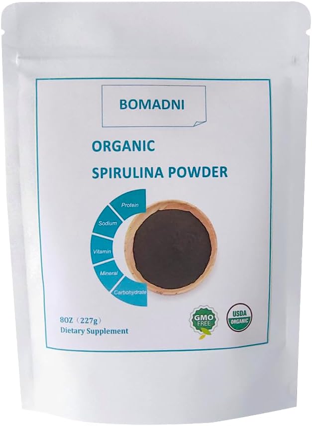 8oz BOMADNI Organic Spirulina Powder - Green Superfood with Vegan Protein, Minerals, Vitamins - Non-GMO, Gluten-Free