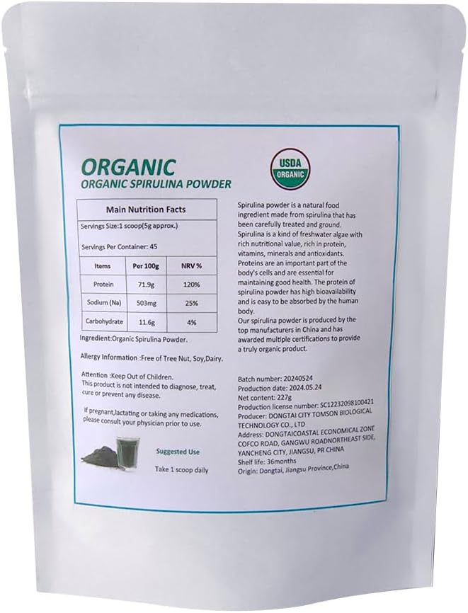 8oz BOMADNI Organic Spirulina Powder - Green Superfood with Vegan Protein, Minerals, Vitamins - Non-GMO, Gluten-Free