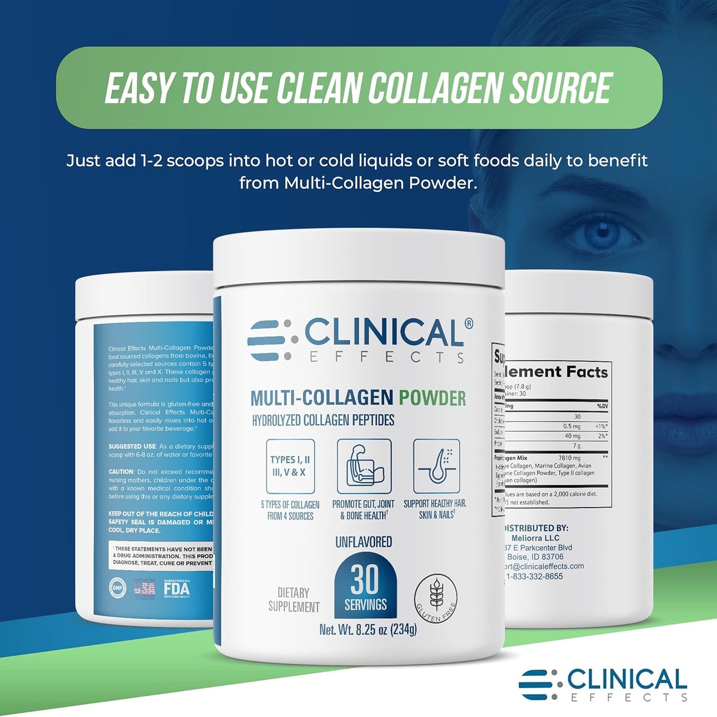 8oz Clinical Effects Multi-Collagen Powder with 5 Types for Joint, Bone, Skin & Nail Health - Fast Absorption - 30 Servings