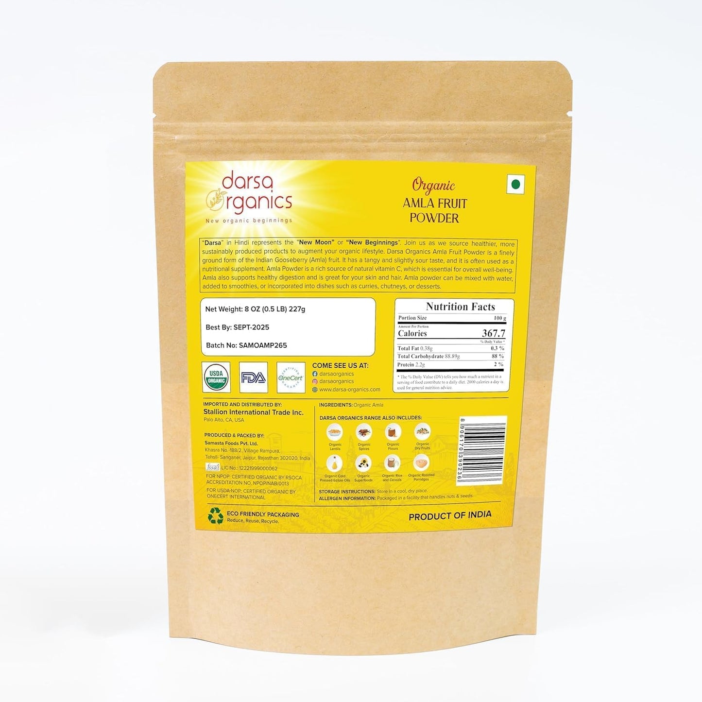 8oz Darsa Organics Amla Powder: Rich in Vitamin C & Antioxidants for Hair, Skin & Immunity - Pure Indian Gooseberry Plant Powder for Tea, Smoothies & Masks