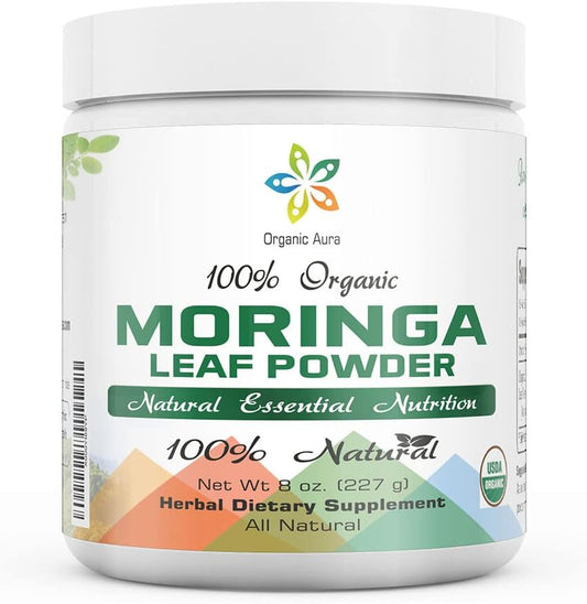 8oz Organic Aura International Moringa Leaf Powder - USDA Certified Organic Superfood for Energy, Metabolism & Immunity. Gluten Free & Non-GMO.
